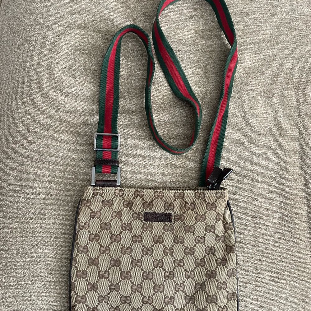 Gucci Beige and Brown Logo Crossbody with Green and Red Strap